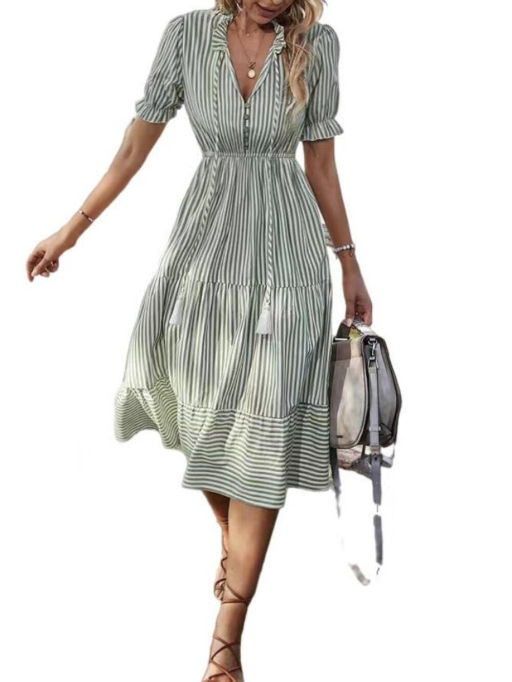Women's Sage Green Striped V-Neck Puff-Sleeve Tiered Midi Dress